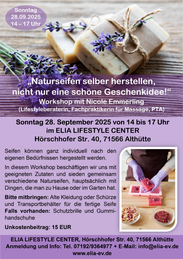 Einladung Workshop: "Naturseifen selber herstellen, nicht nur eine schöne Geschenkidee!" mit Nicole Emmerling am Sonntag den 28.09.25 von 14 bis 17 Uhr

Seifen können ganz individuell nach den eigenen Bedürfnissen hergestellt werden. 
In diesem Workshop beschäftigen wir uns mit geeigneten Zutaten und sieden gemeinsam verschiedene Naturseifen, hauptsächlich mit Dingen, die man zu Hause oder im Garten hat.
Bitte mitbringen: Alte Kleidung oder Schürze und Transportbehälter für die fertige Seife
Falls vorhanden: Schutzbrille und Gummihandschuhe
Unkostenbeitrag: 15 EUR
